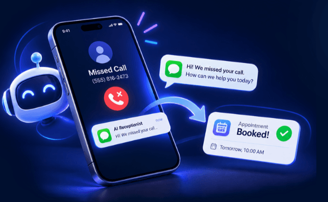 A missed call triggers an automatic text, the customer replies, and the appointment is booked for tomorrow at 10am.